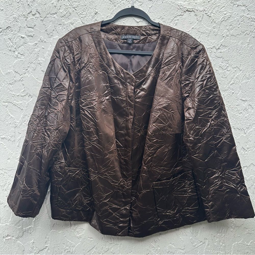 LAFAYETTE 148 Jacket Women Size 20 Crushed Crinkle Collarless Pockets Brown - Picture 6 of 9